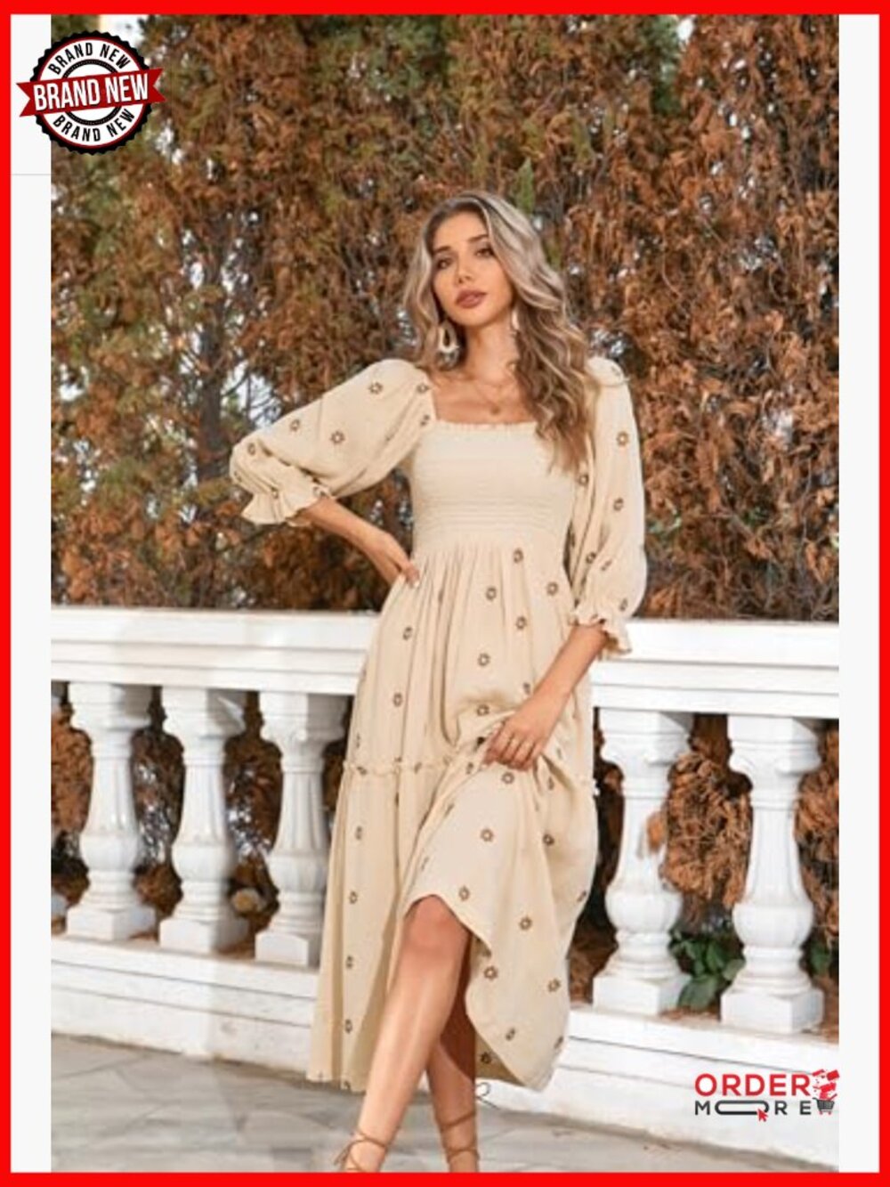 Long Sleeve Cotton Boho Midi Dress Square Neck Floral Embroidered Tiered Ruffle - Picture 3 of 7